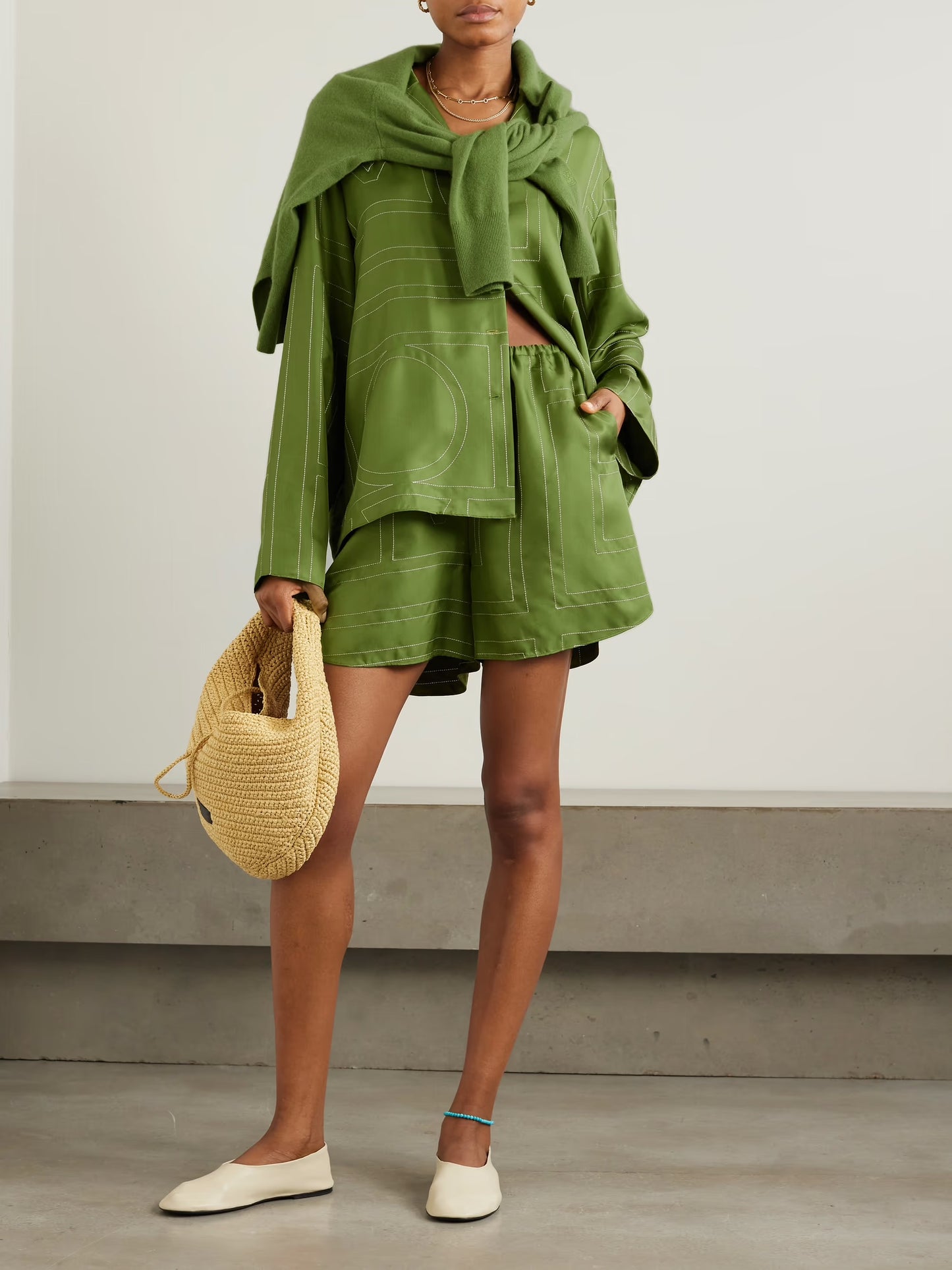 Embroidered Silk-twill Shirt and Shorts