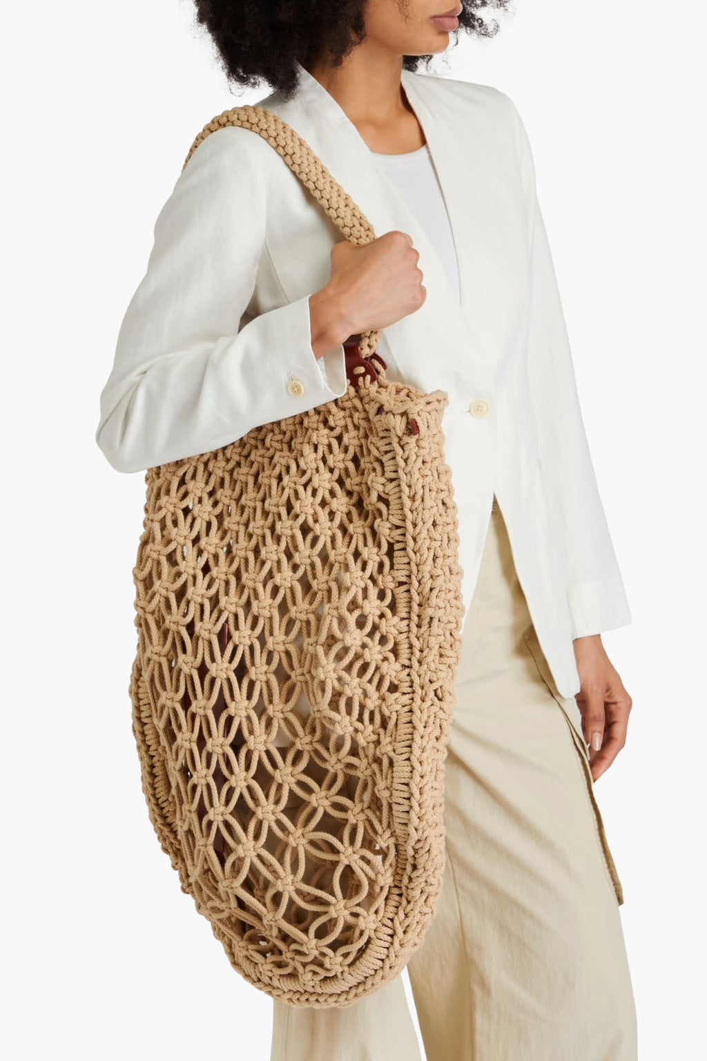 Leather-Trimmed Crocheted Cotton Tote