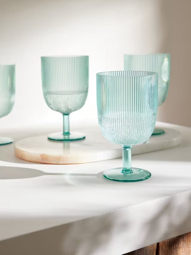 Ribbed Recycled Plastic Picnic Wine Glasses, Set of 4, 500ml, Aqua