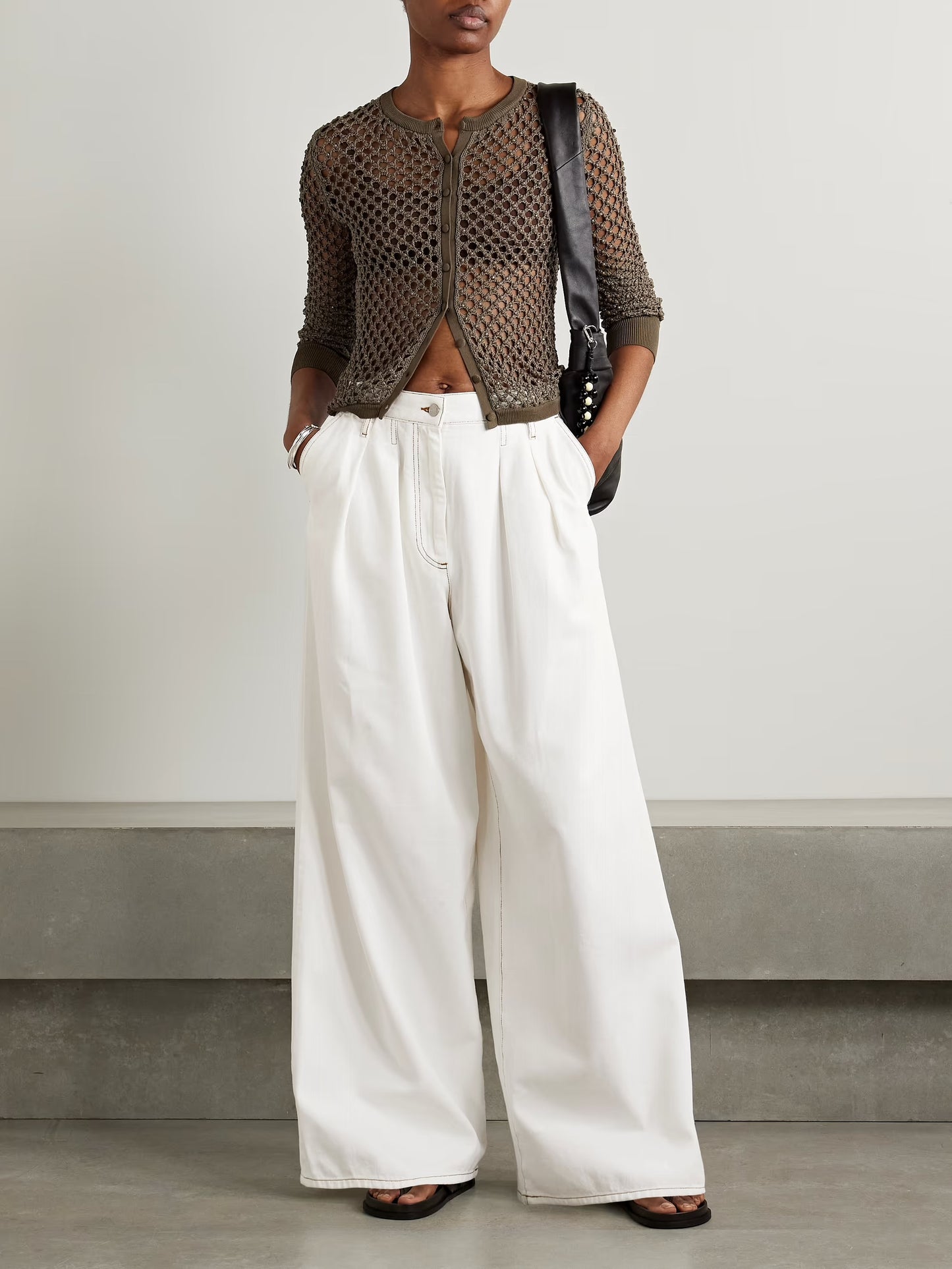 Pleated Denim Wide-Leg Pants
