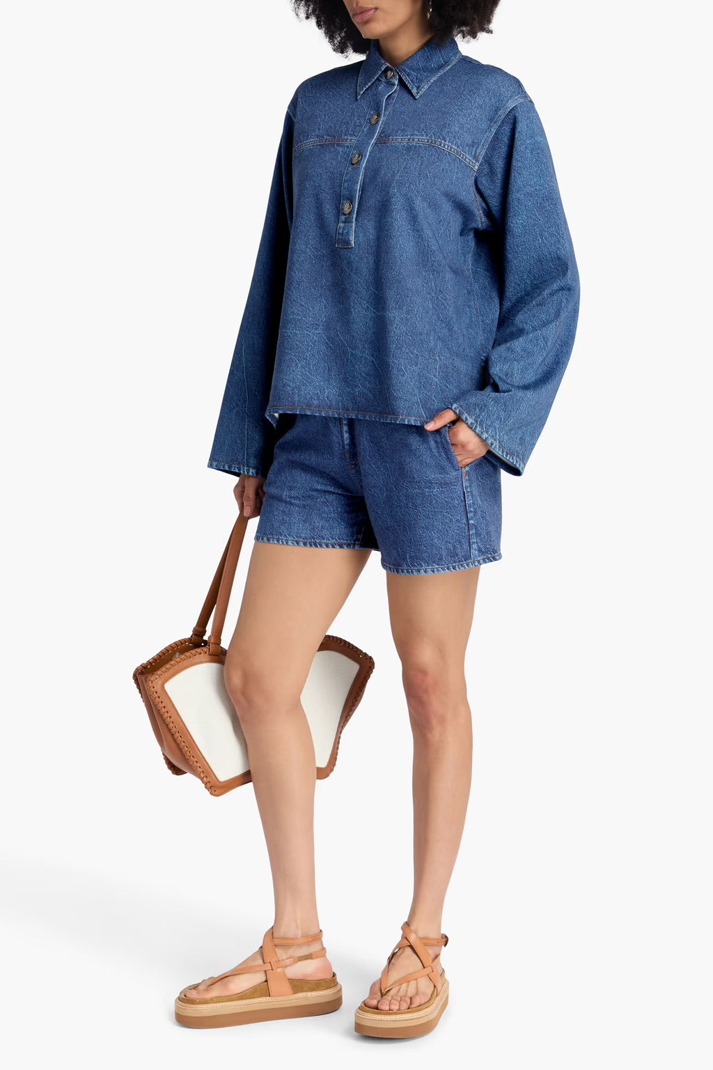 Miramar Emily Denim-Effect Print French Cotton-Terry Shirt & Shorts