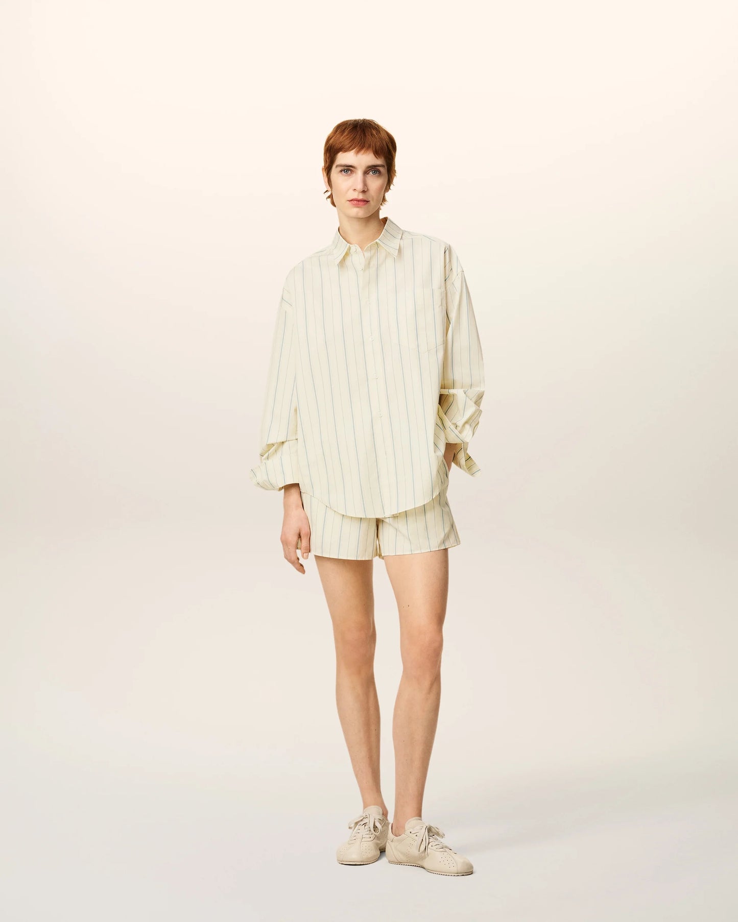 Beige Cotton Ami de Coeur Boxy Fit Striped Shirt & Striped Short