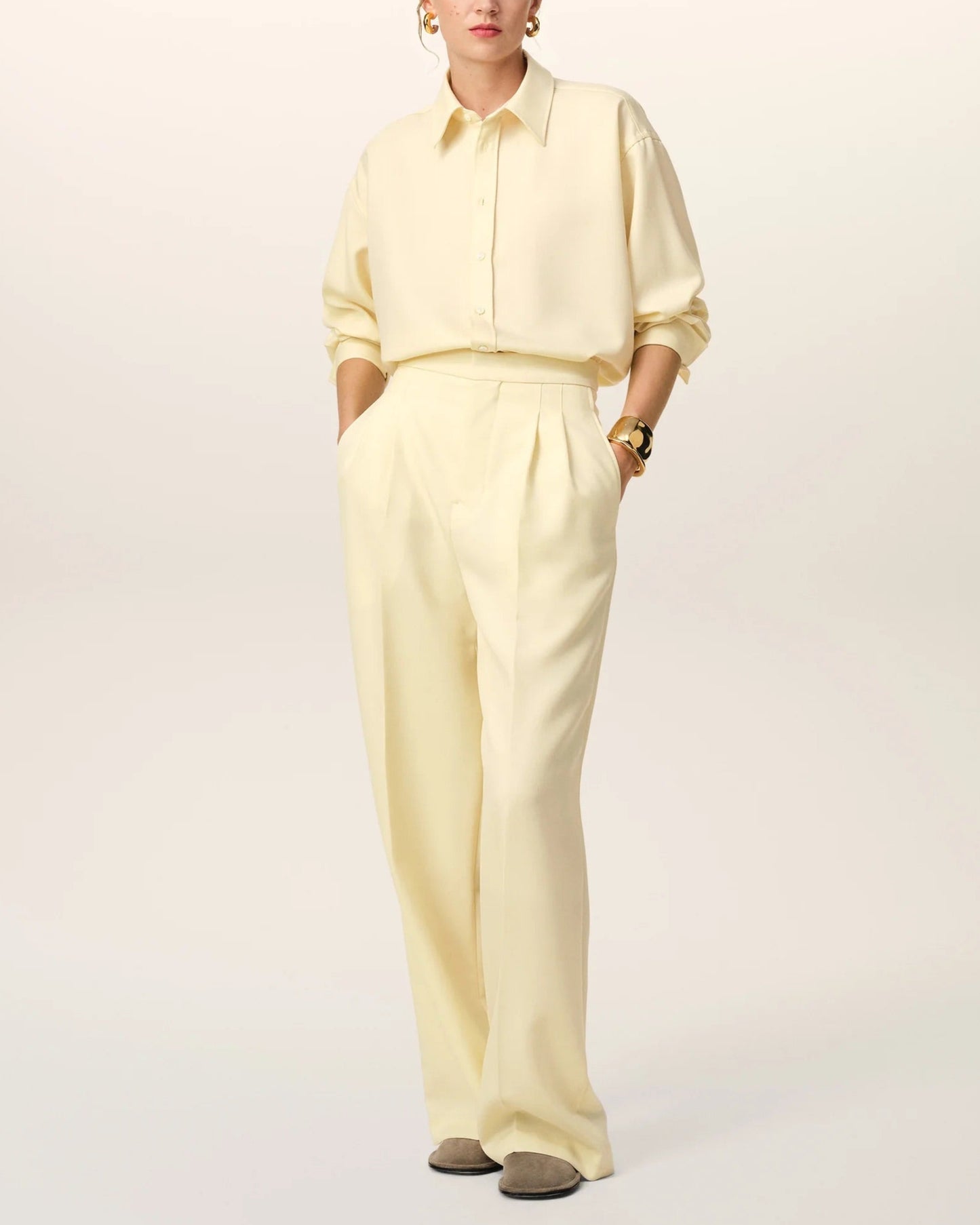 Yellow Wool Back Slit Loose Shirt & High Waist Large Trousers