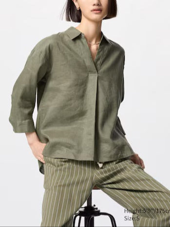 100% Premium Linen Skipper Collar Shirt (3/4 Sleeve)