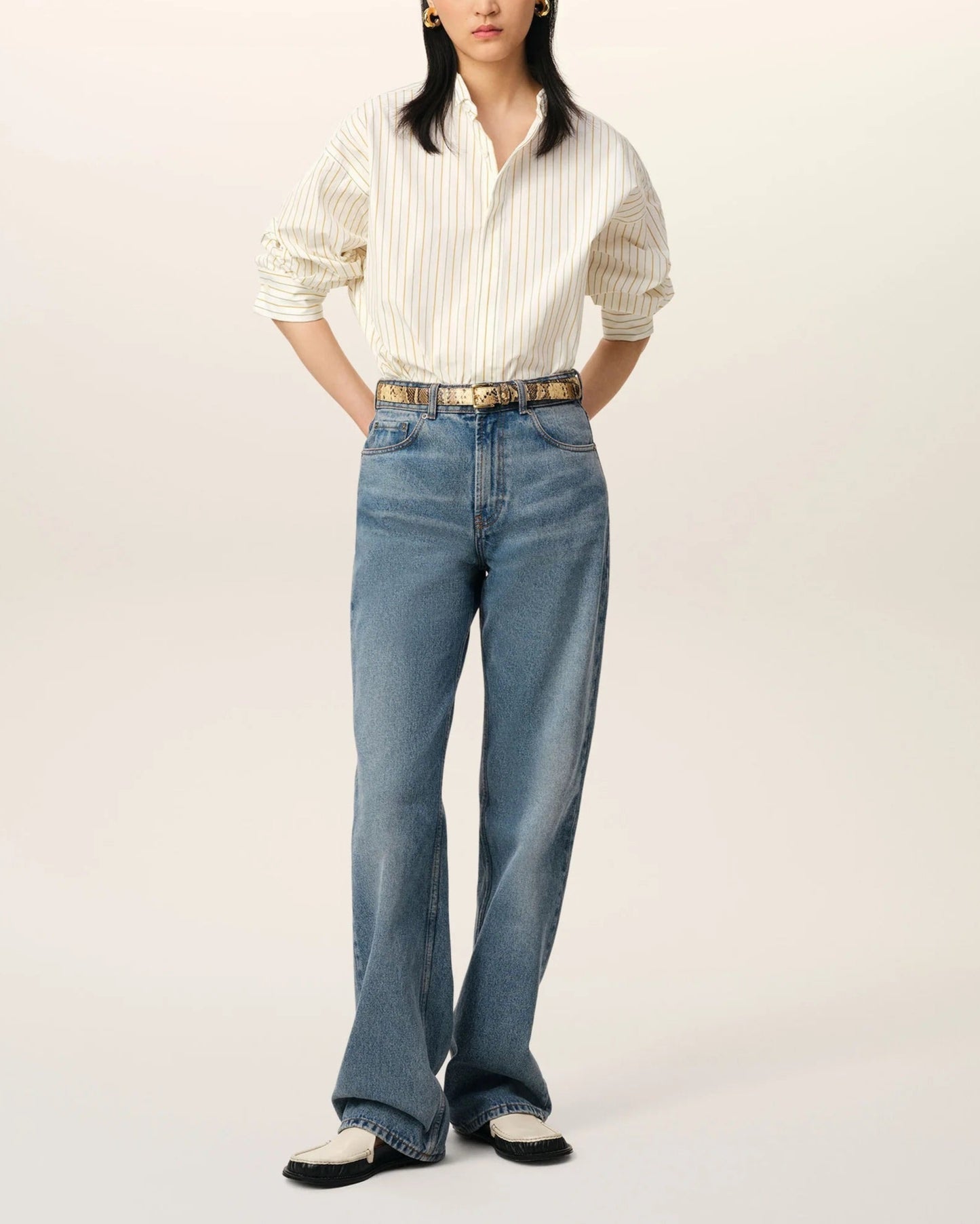 White And Khaki Cotton Wingtip Collar Oversized Shirt