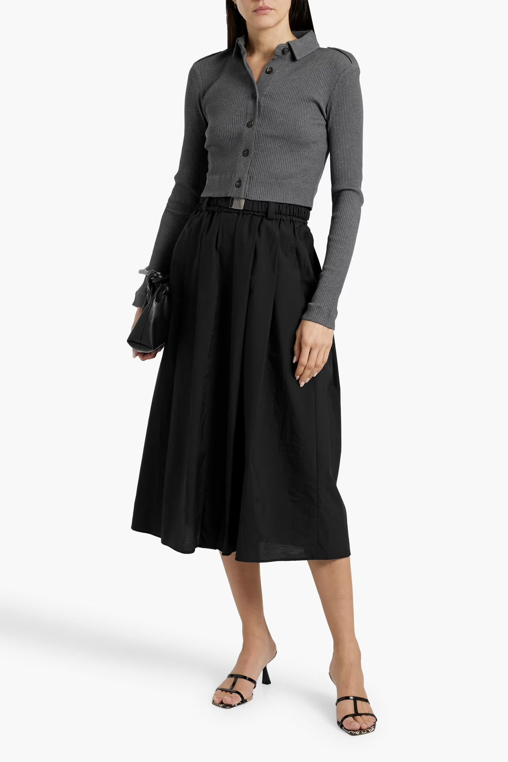 Belted Pleated Cotton-Blend Midi Skirt