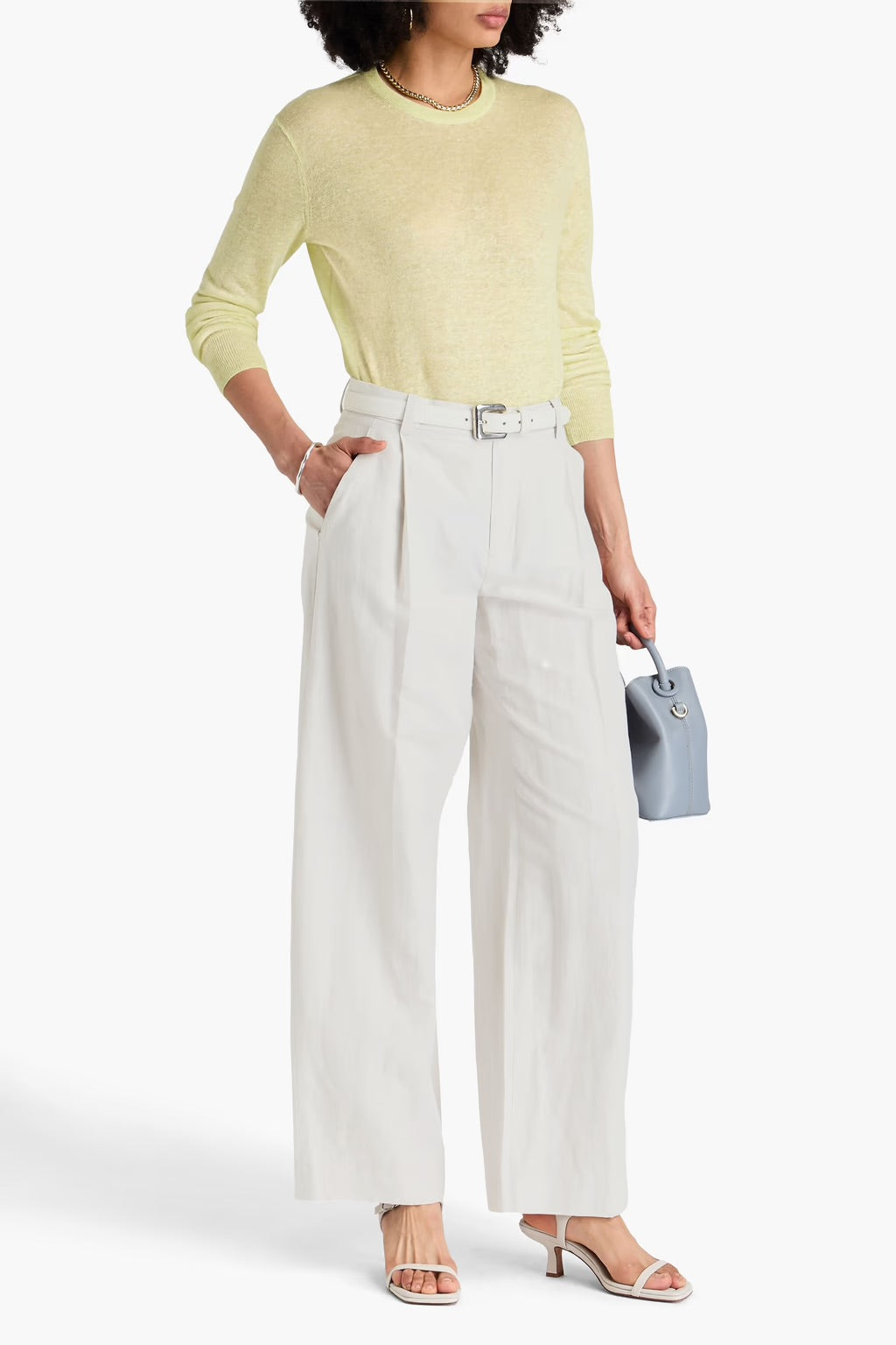 Pleated Slub Woven Wide-Leg Pants