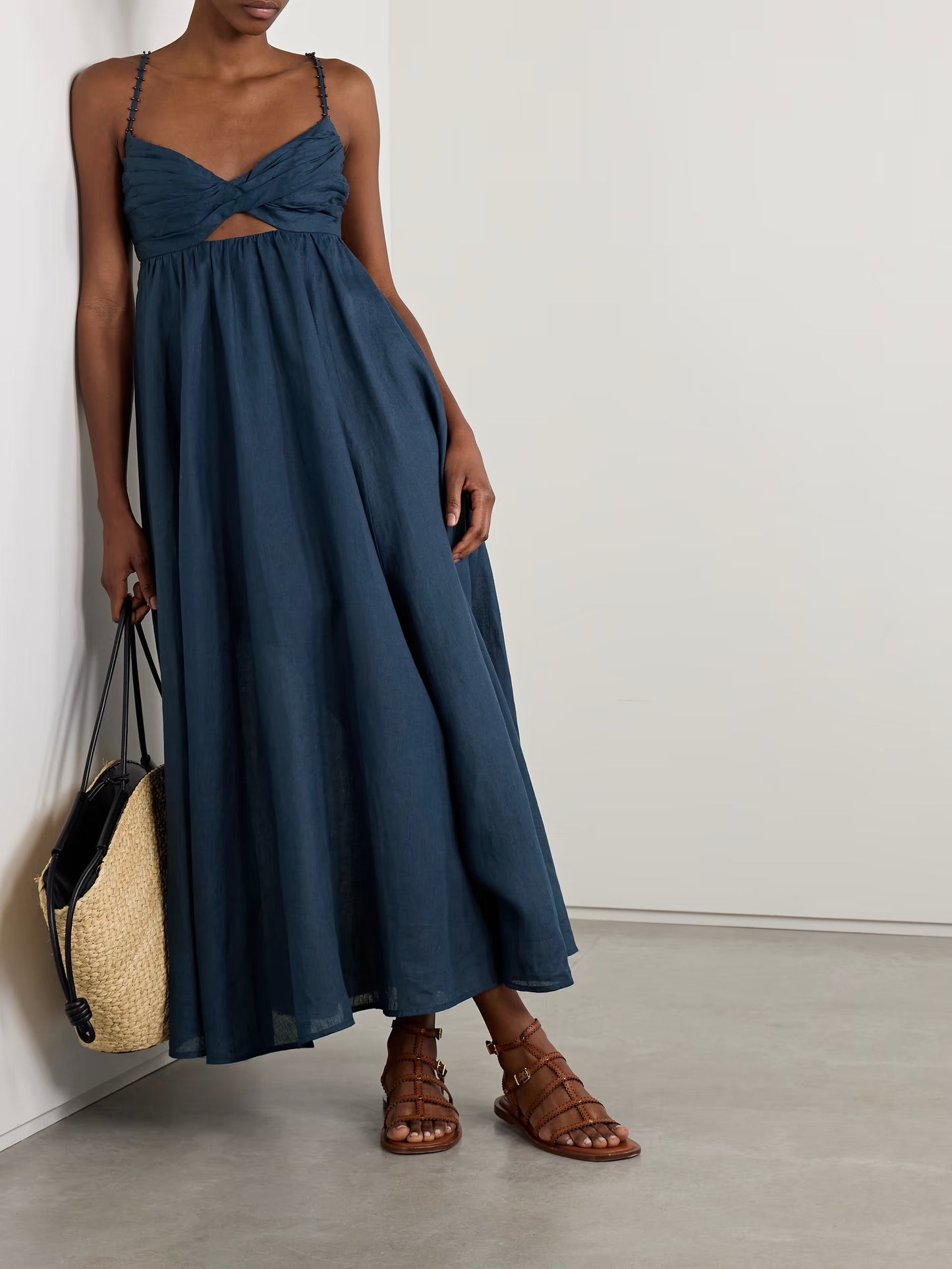 Ascension Bead-embellished Cutout Pleated Linen Midi Dress
