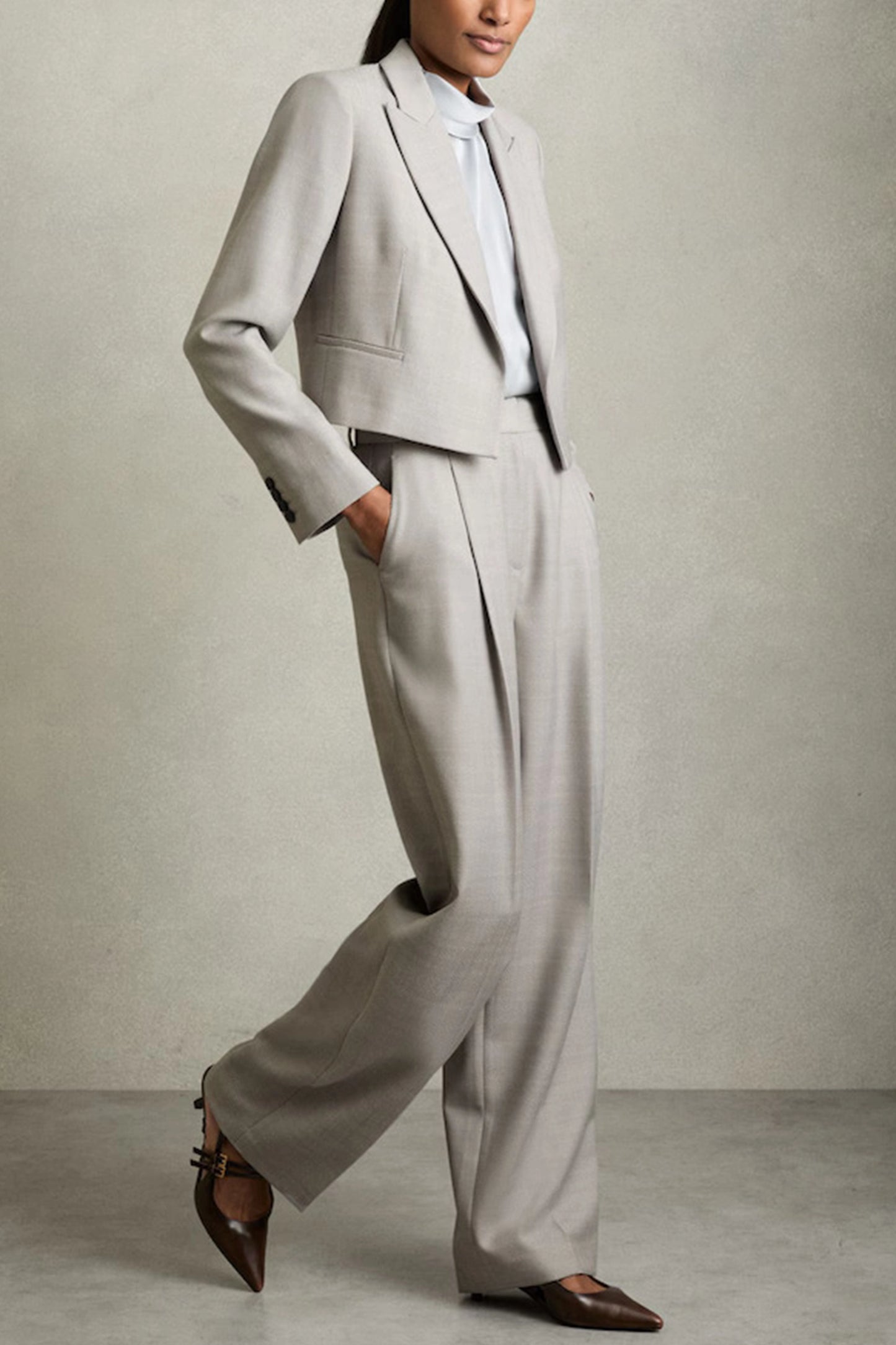 Harper Double-Breasted Cropped Wool-Blend Blazer in Grey