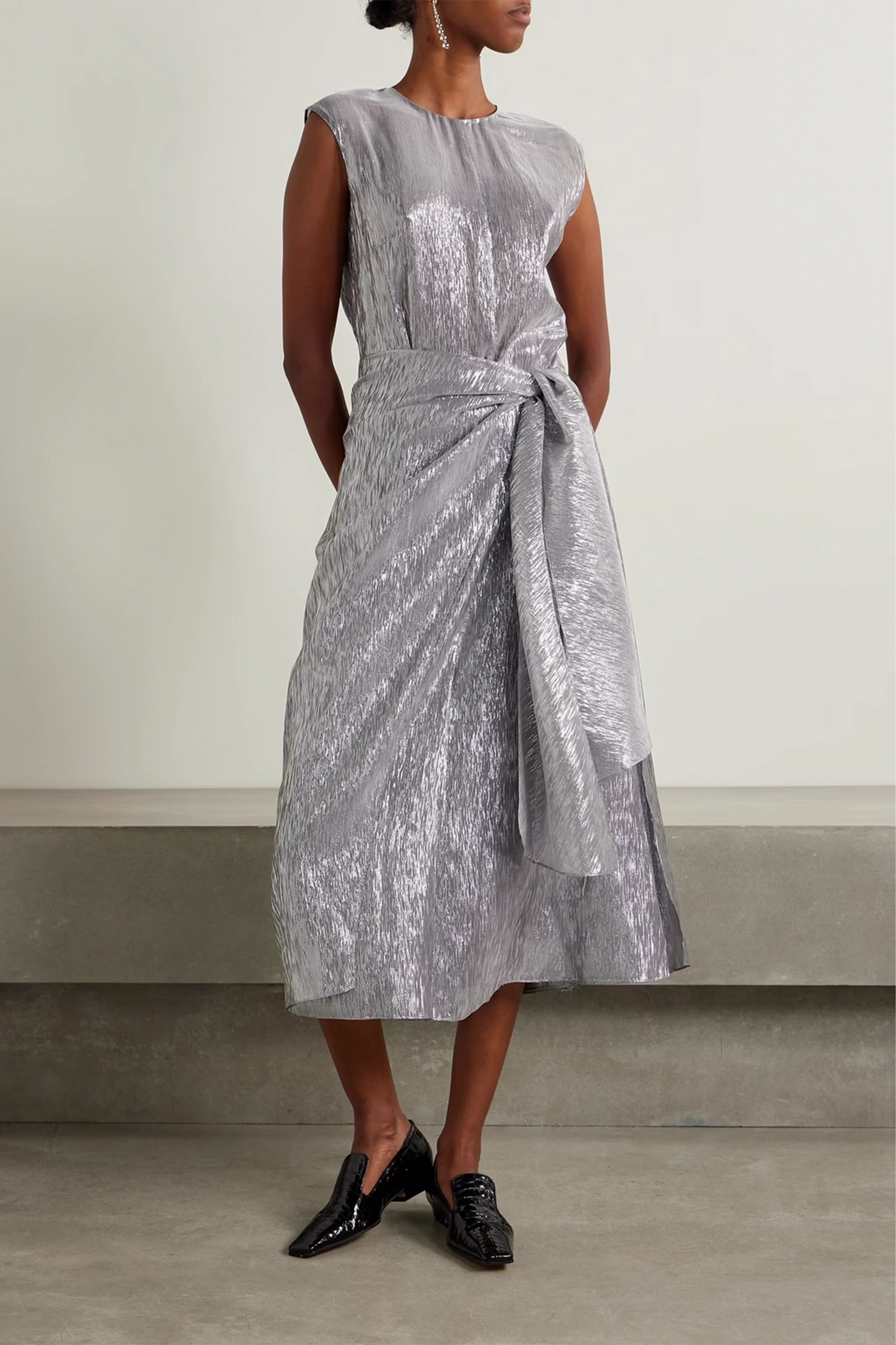 Gia Wrap-effect Draped Silk-blend Lamé Midi Dress