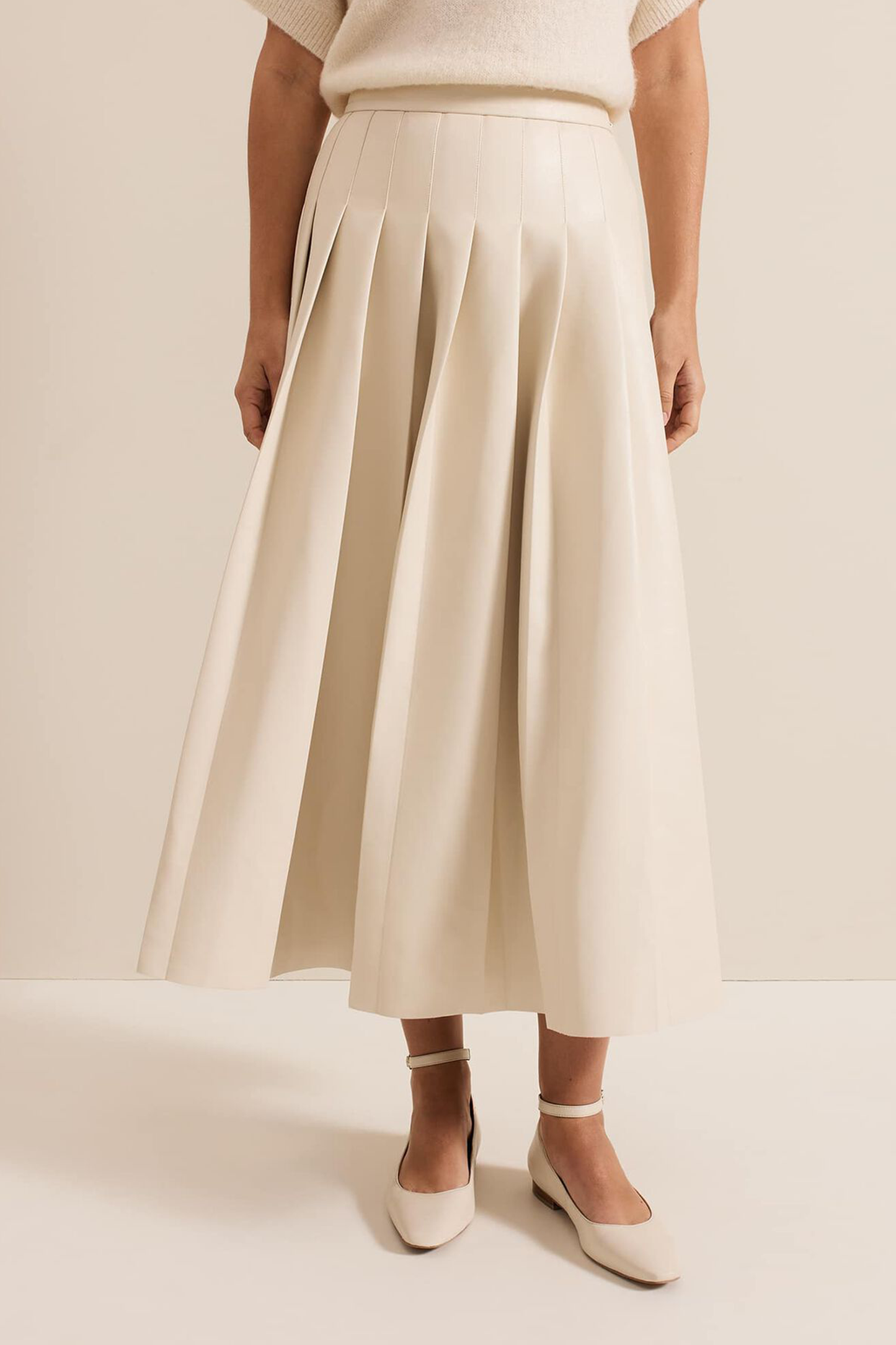 Susie Cream Pu Pleated Midi Skirt