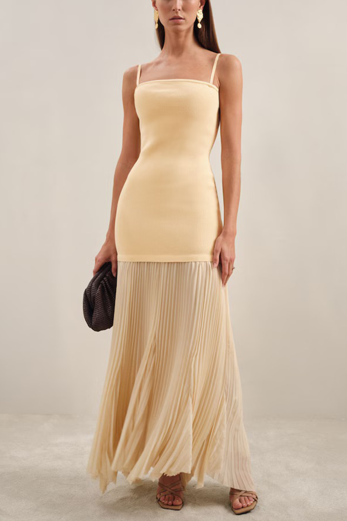 Milana Pleated Skirt Ribbed Midi Dress In Yellow