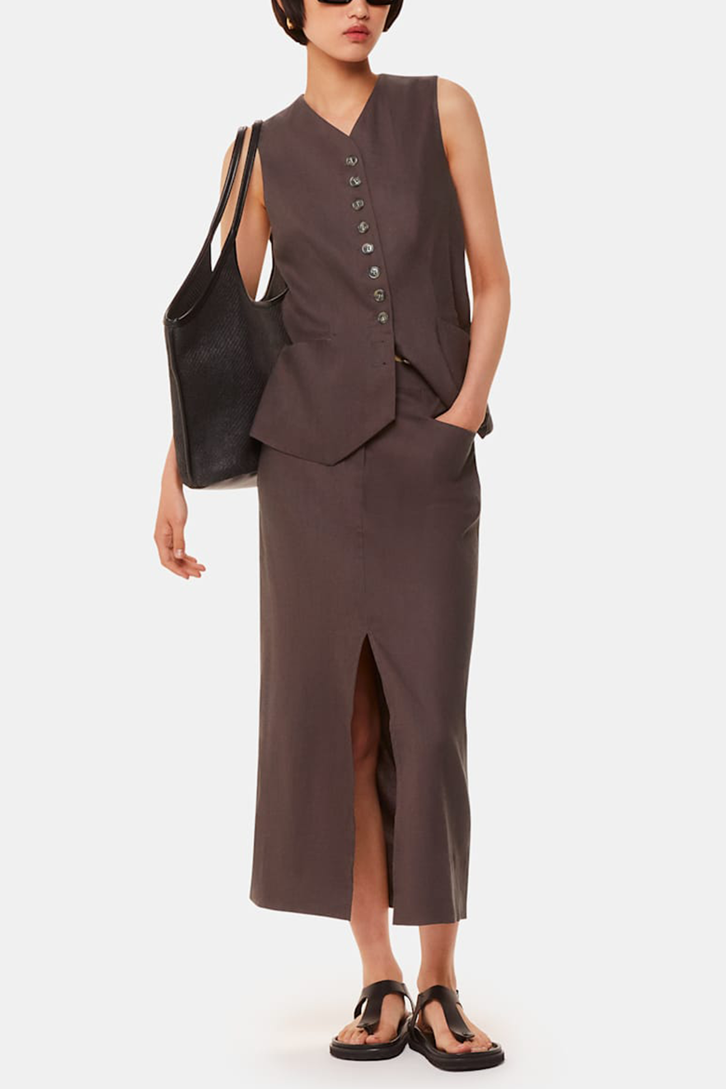 Dark Grey Mila Linen Blend Midi Skirt