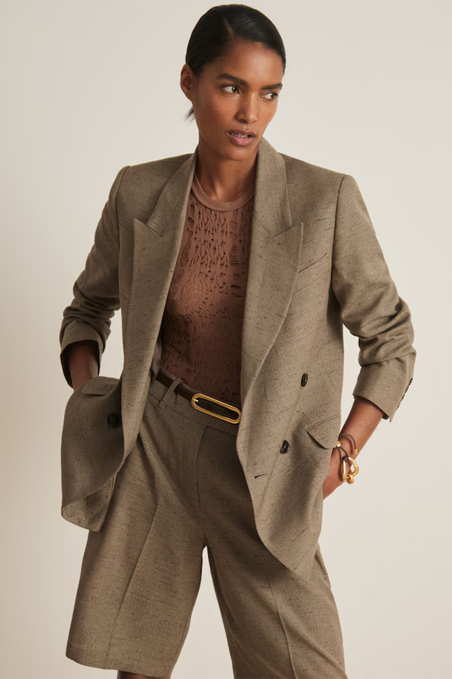 Lina Atelier Double-Breasted Suit Jacket With Linen In Grey