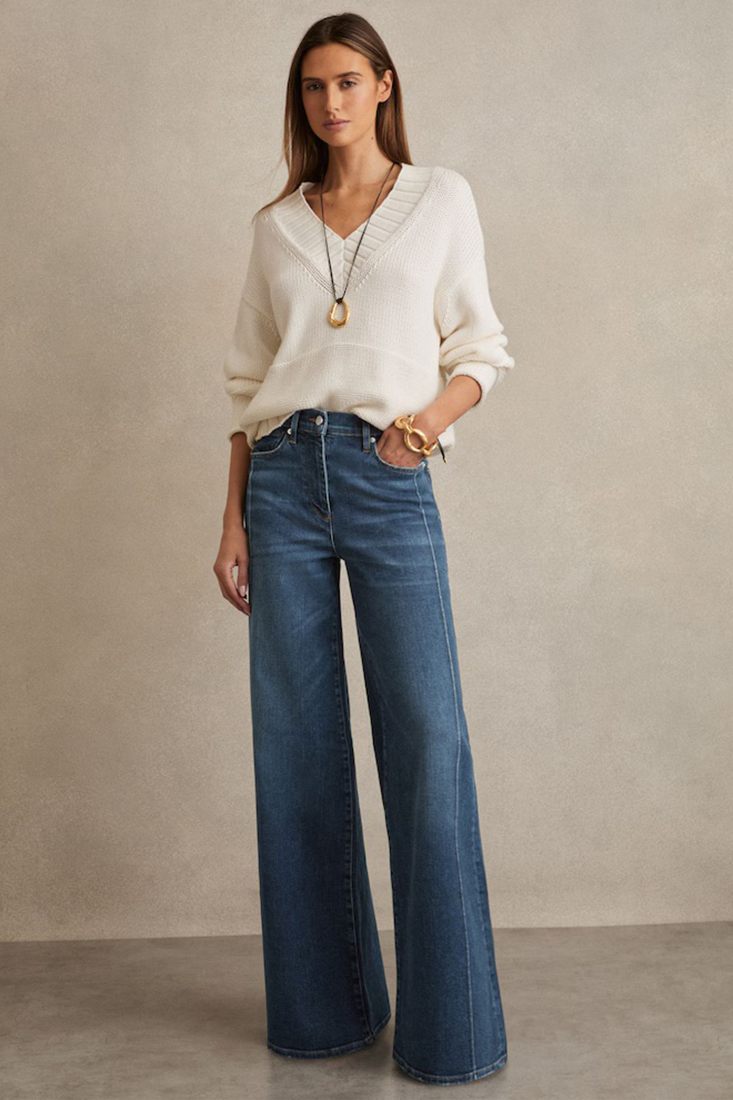 Heather Stretch-Cotton Wide-Leg Jeans in Mid Blue