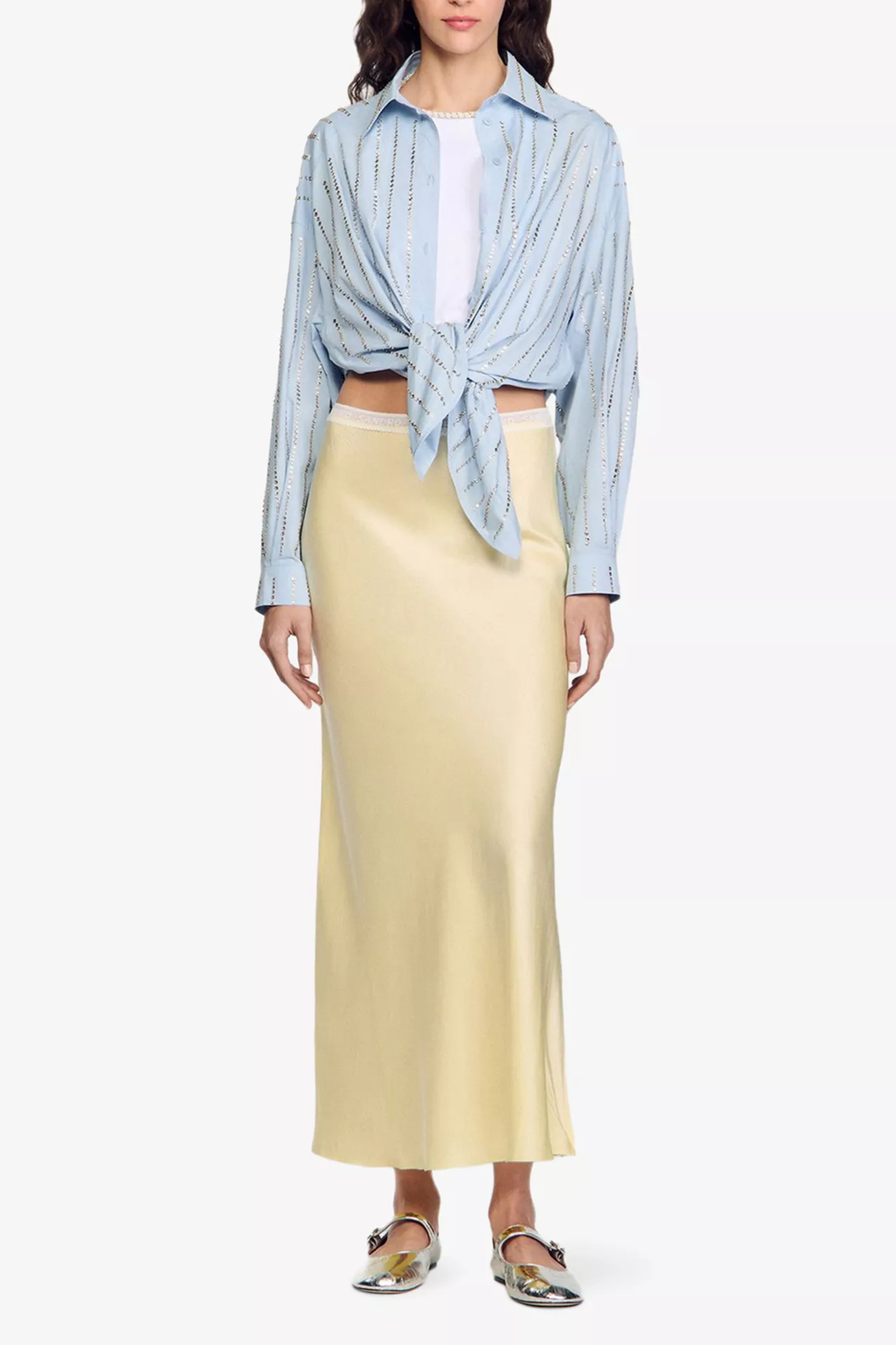 Logo Lace-Waistband Floaty-Hem Satin Midi Skirt