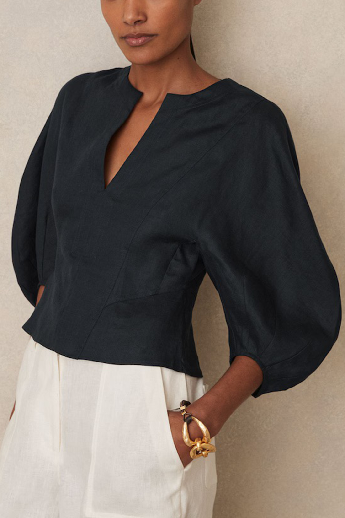 Remi Linen Balloon-Sleeve Top In Navy
