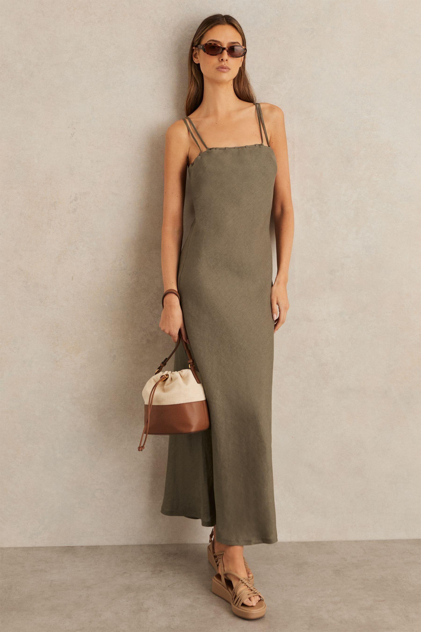 Linen Double-Strap Slip Dress In Khaki