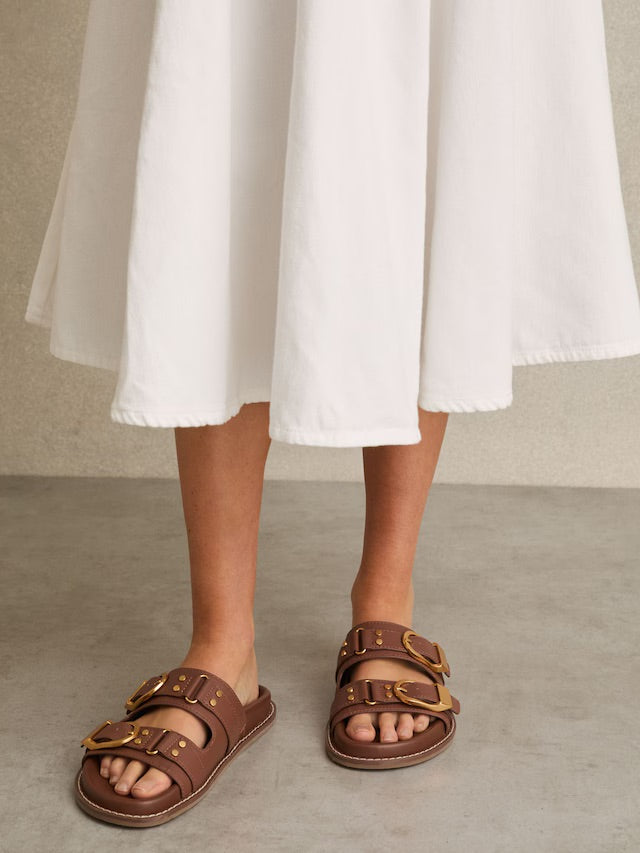 Ella Leather Buckled Slip-On Sandals in Tan