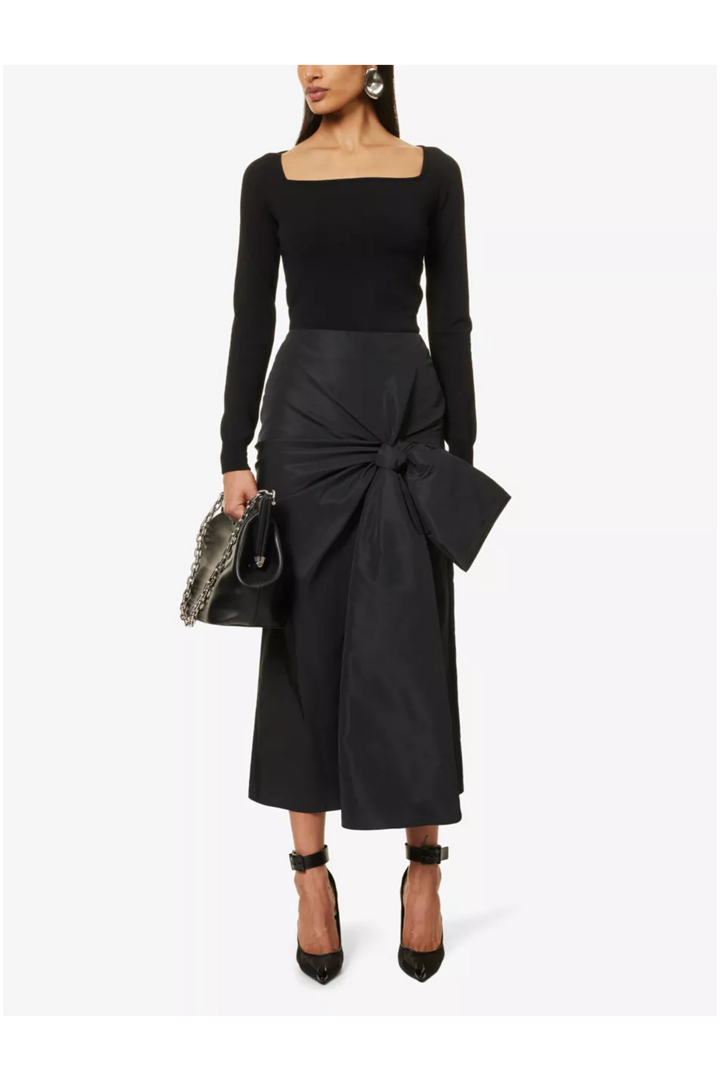 Bow-embellished slim-fit woven midi skirt