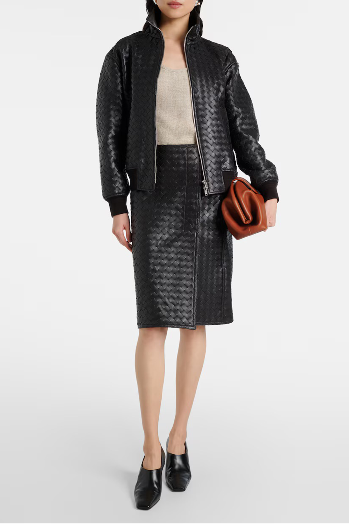 Intrecciato leather midi skirt