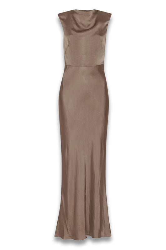 Pewter Cowl Neck Satin Maxi Dress