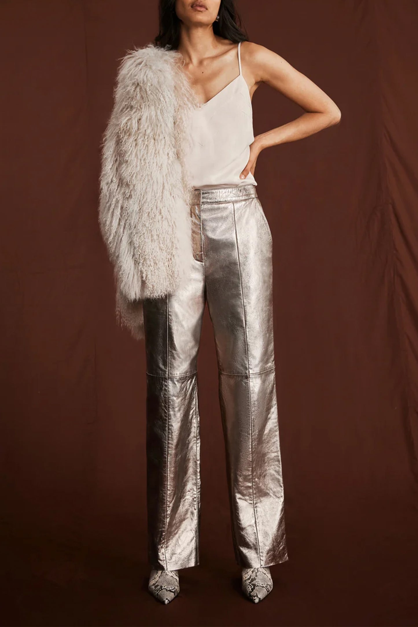 Gold Leather Straight Trousers