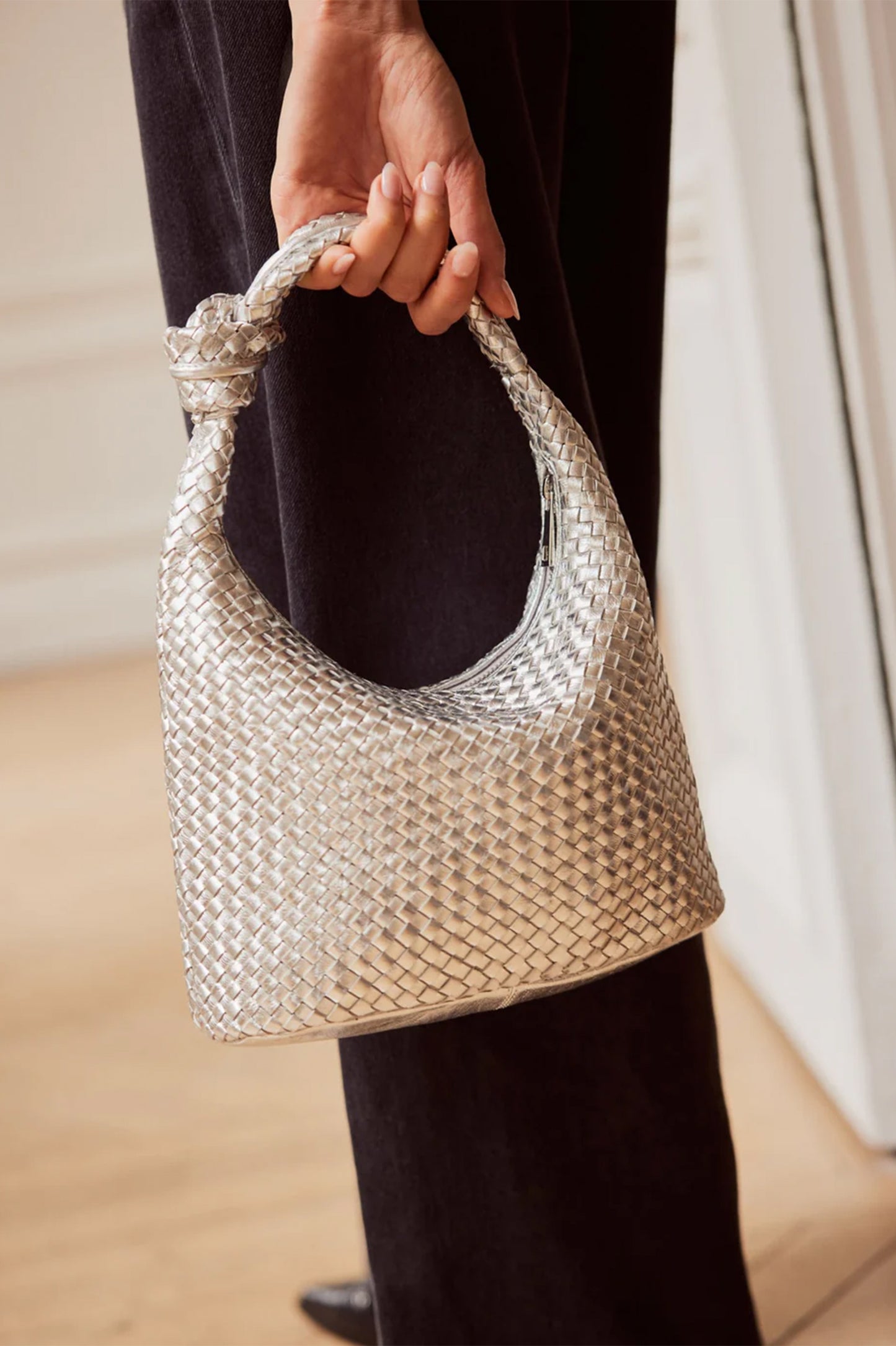 Silver Leather Woven Bag