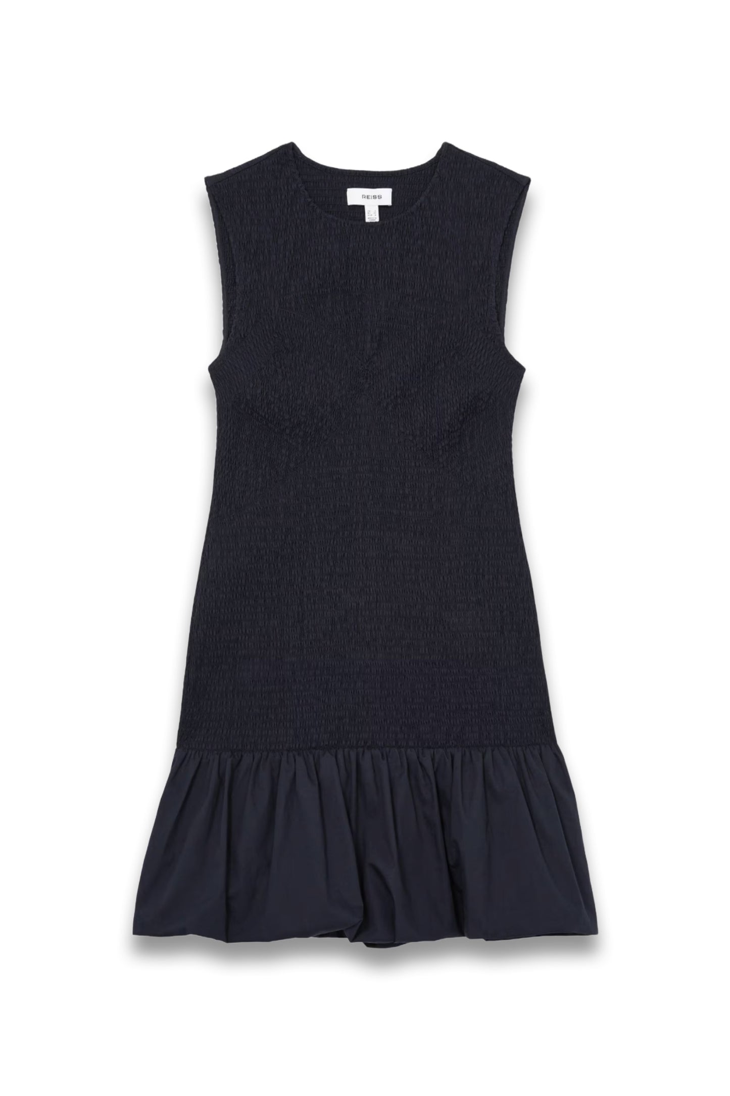 Belinda Cotton Shirred Bubble-Hem Mini Dress in Navy
