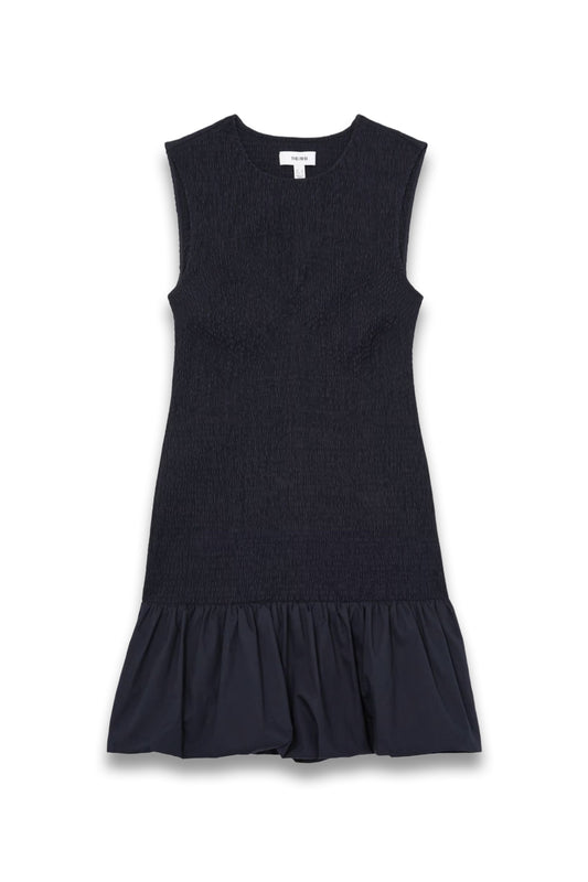 Belinda Cotton Shirred Bubble-Hem Mini Dress in Navy