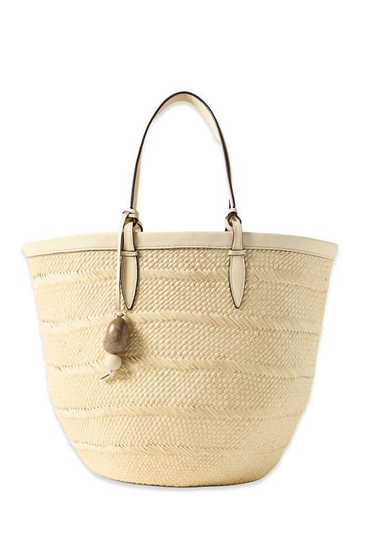 Medium Leather-trimmed Woven Iraca Tote Ecru