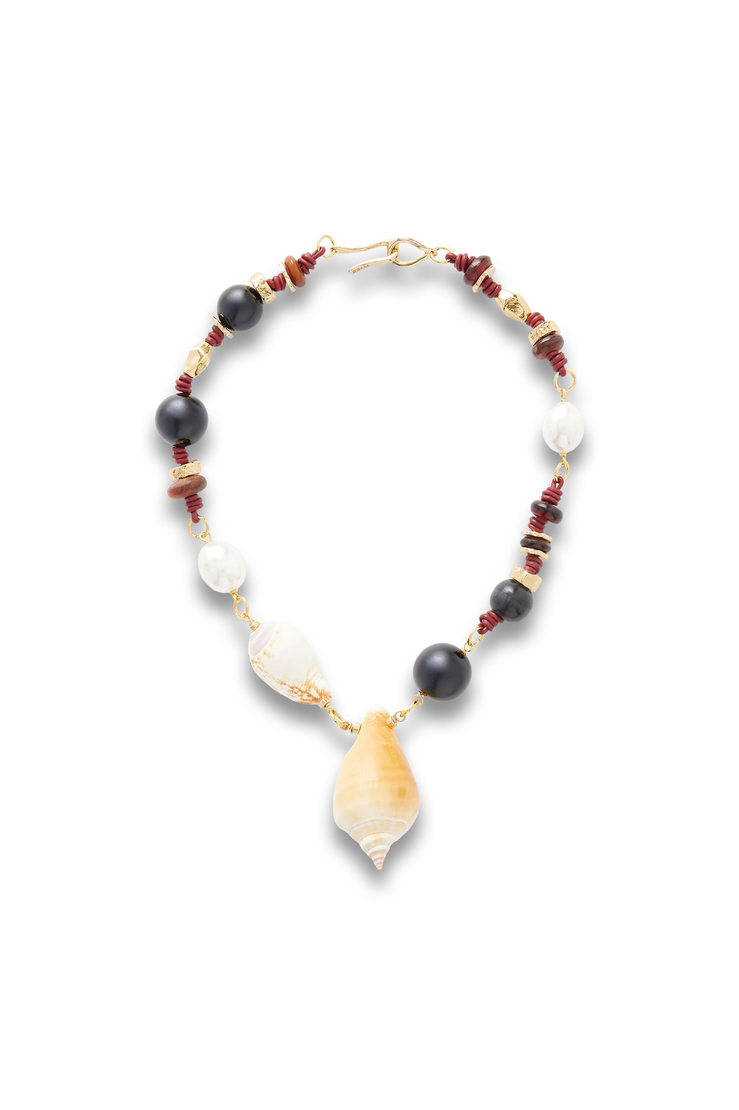Samsara Gold-plated, Onyx, Leather and Seashell Beaded Necklace