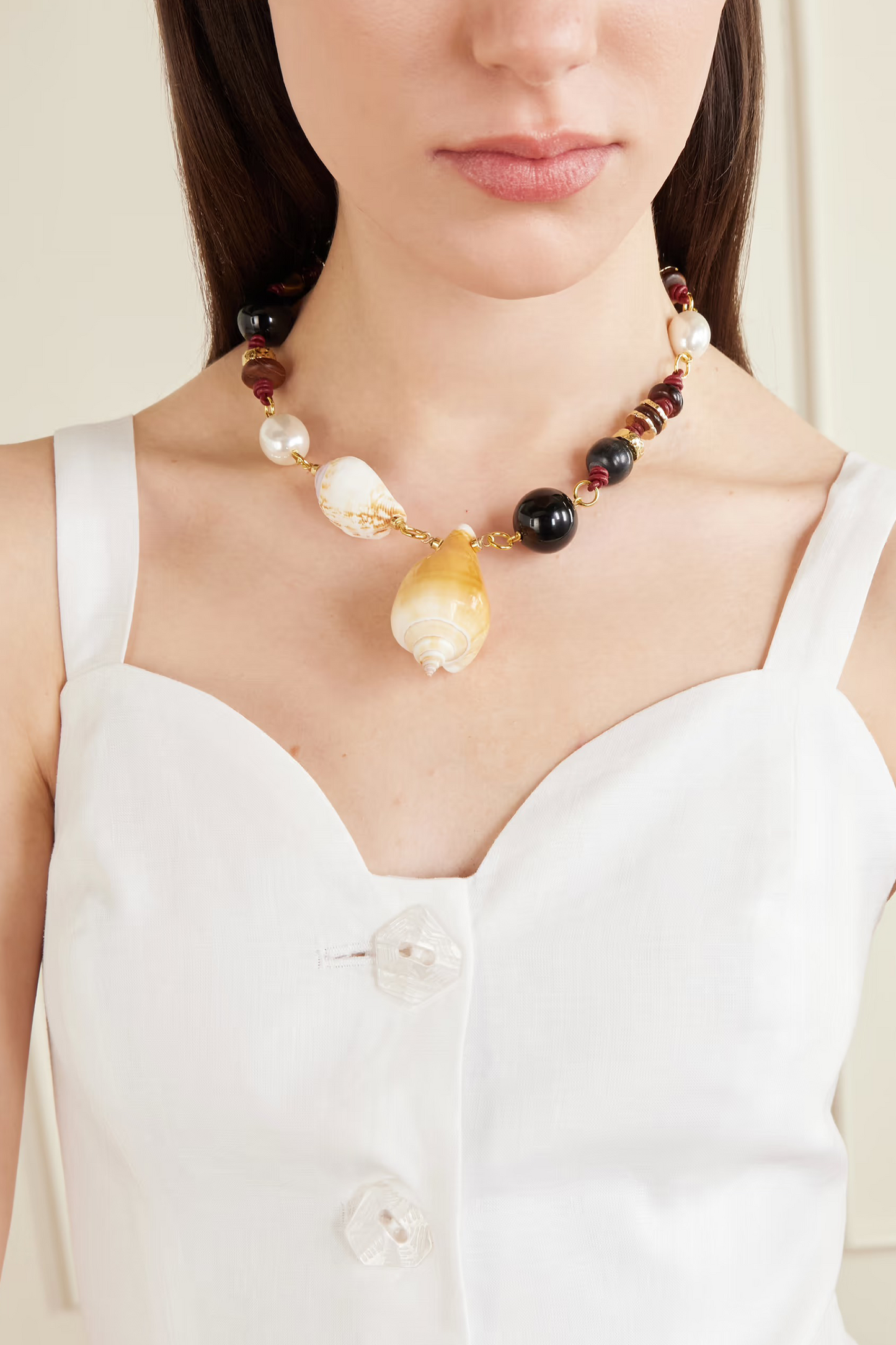 Samsara Gold-plated, Onyx, Leather and Seashell Beaded Necklace