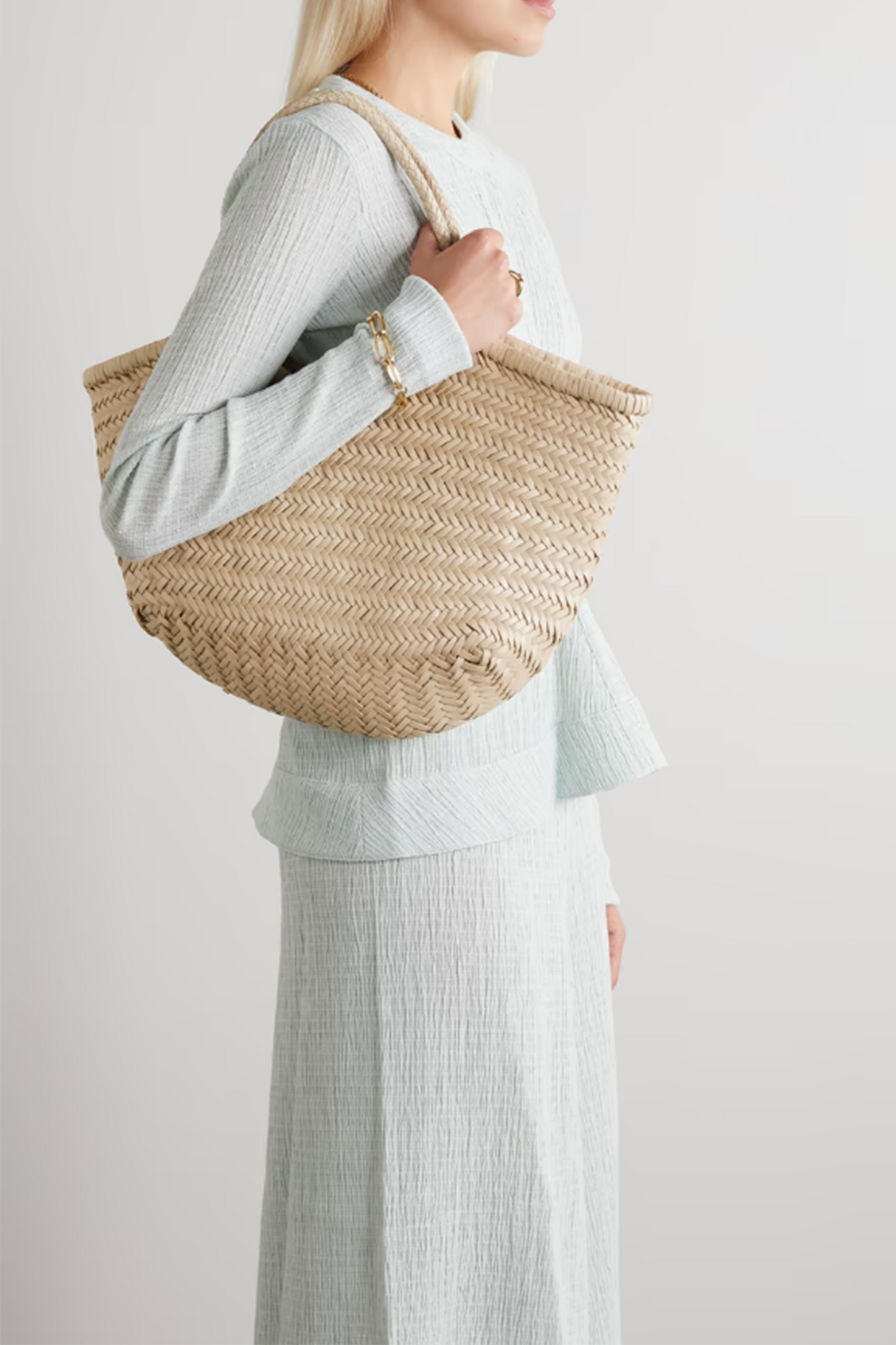 Nantucket Large Woven Leather Tote Cream/White
