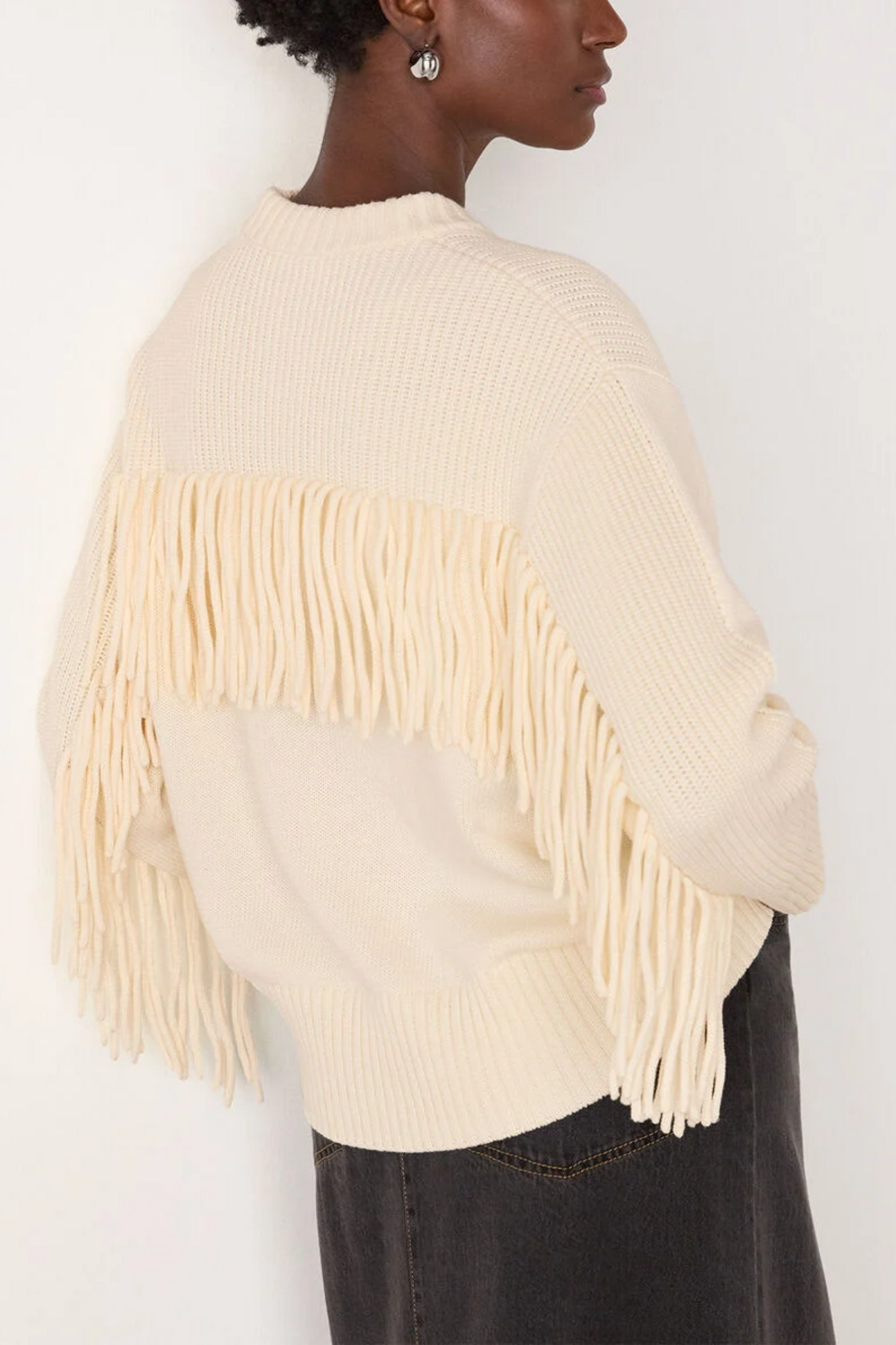 Ivory Fringe Rib-detail Cotton Knit