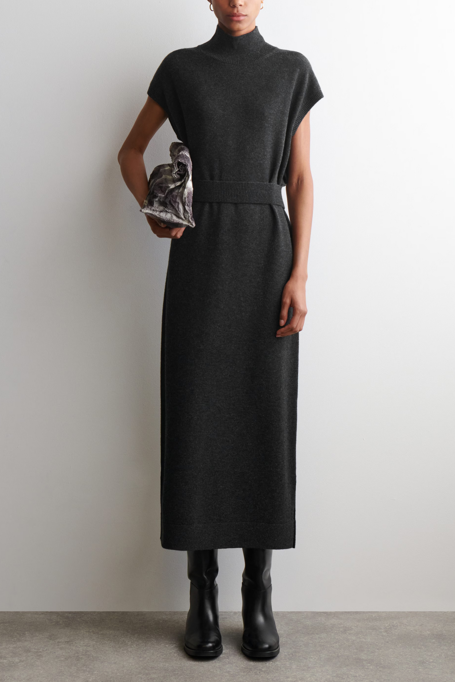 Belt-detail Merino-wool Funnel-neck Dress