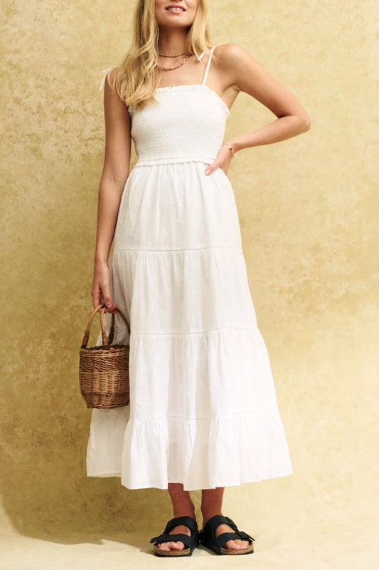 White Shirred Maisi Midi Dress