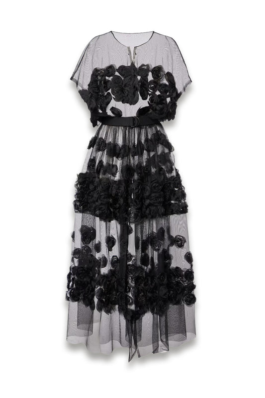 Floral-appliqué Tulle Midi Dress