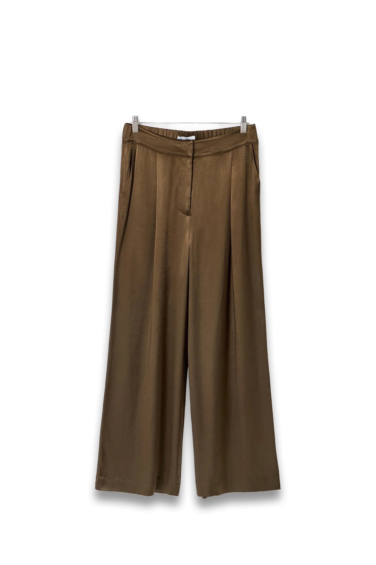 Khaki Green Satin Wide Leg Trousers