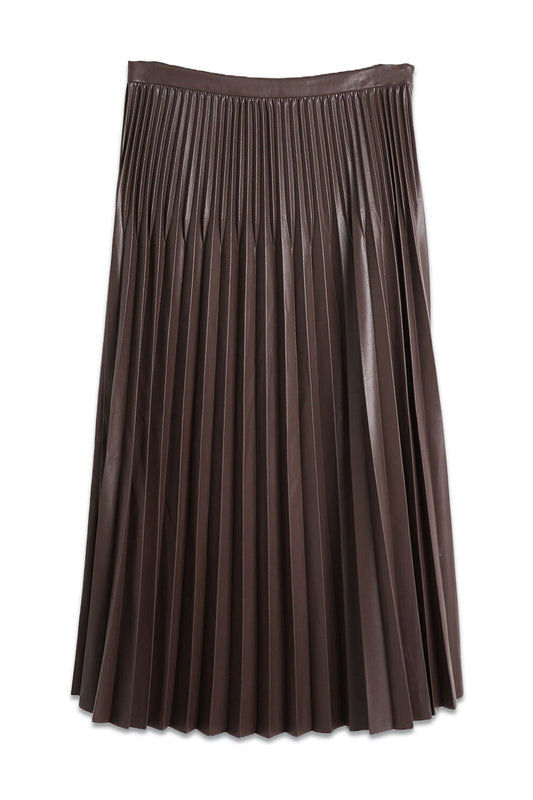Faux Leather Brown Pleated Midi Skirt