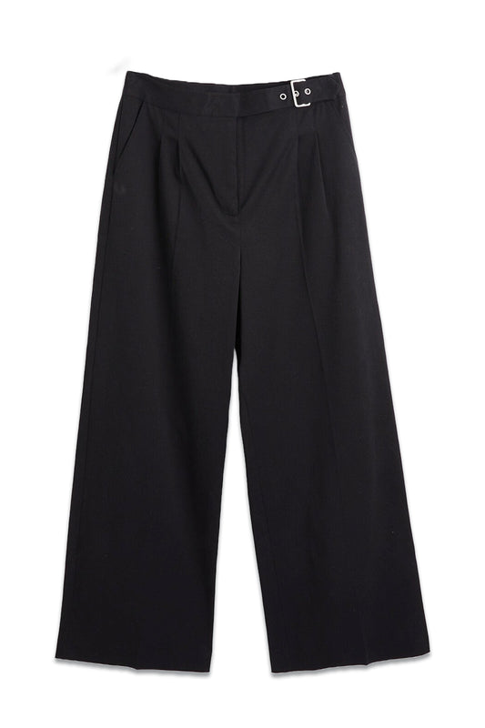 Wide Leg Buckle Waist Black Trousers