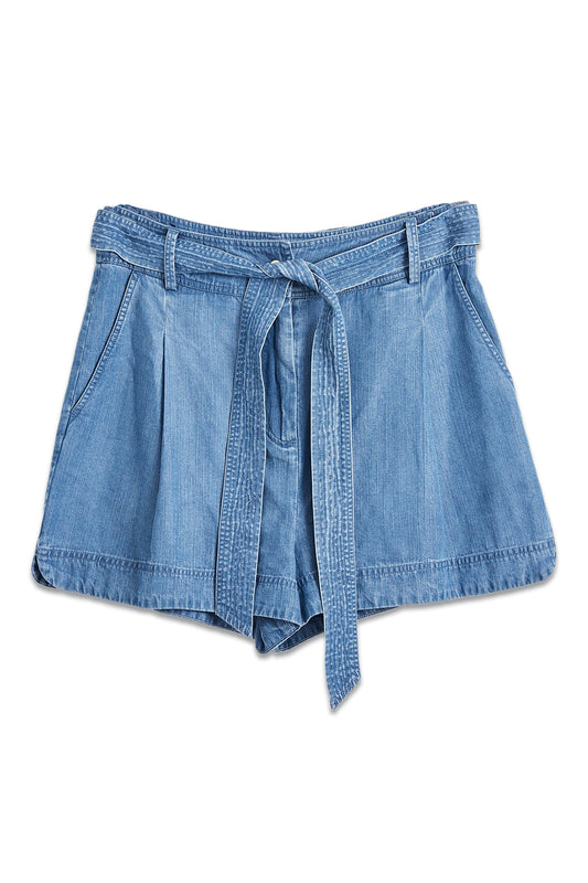 Stitch Tie Blue Chambray Belted Shorts