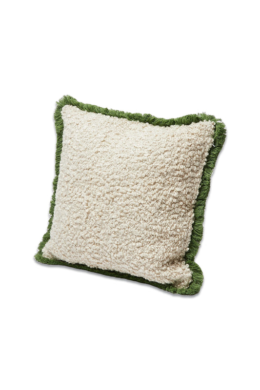 Boucle Green Fringed Square Cushion Cover