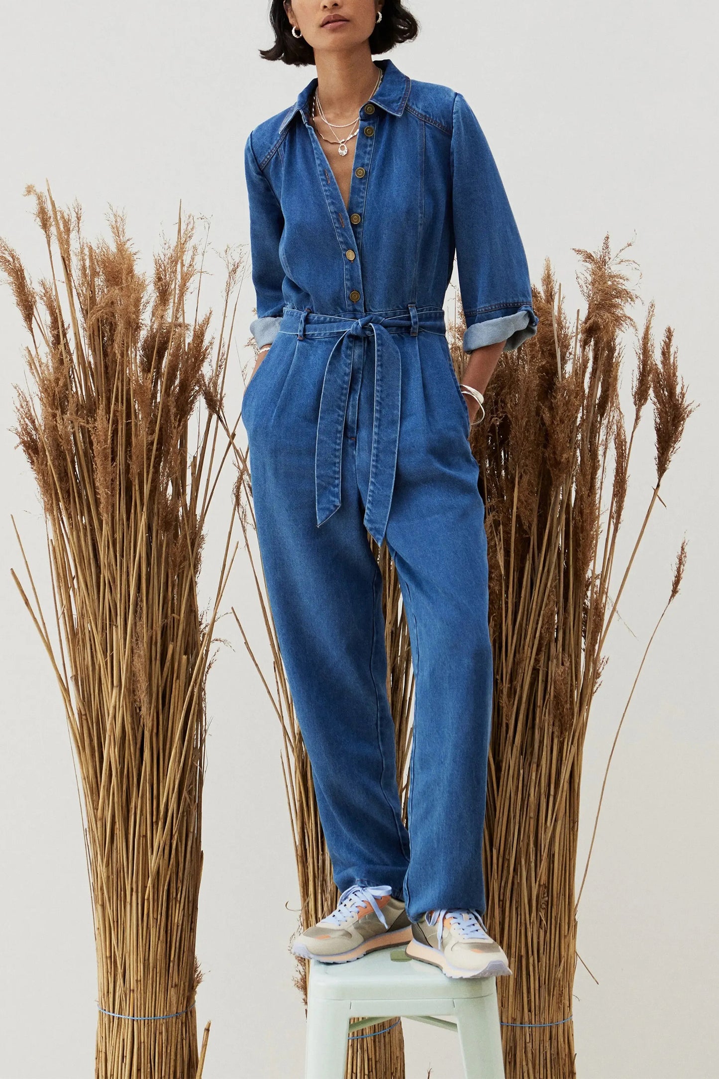 Blue Button Up Long Sleeve Denim Boilersuit