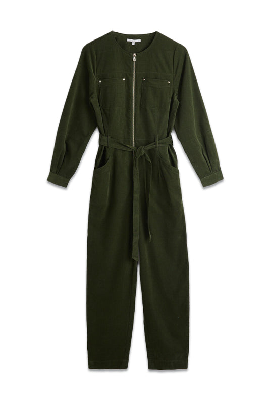 Olive Green Tie Waist Corduroy Jumpsuit