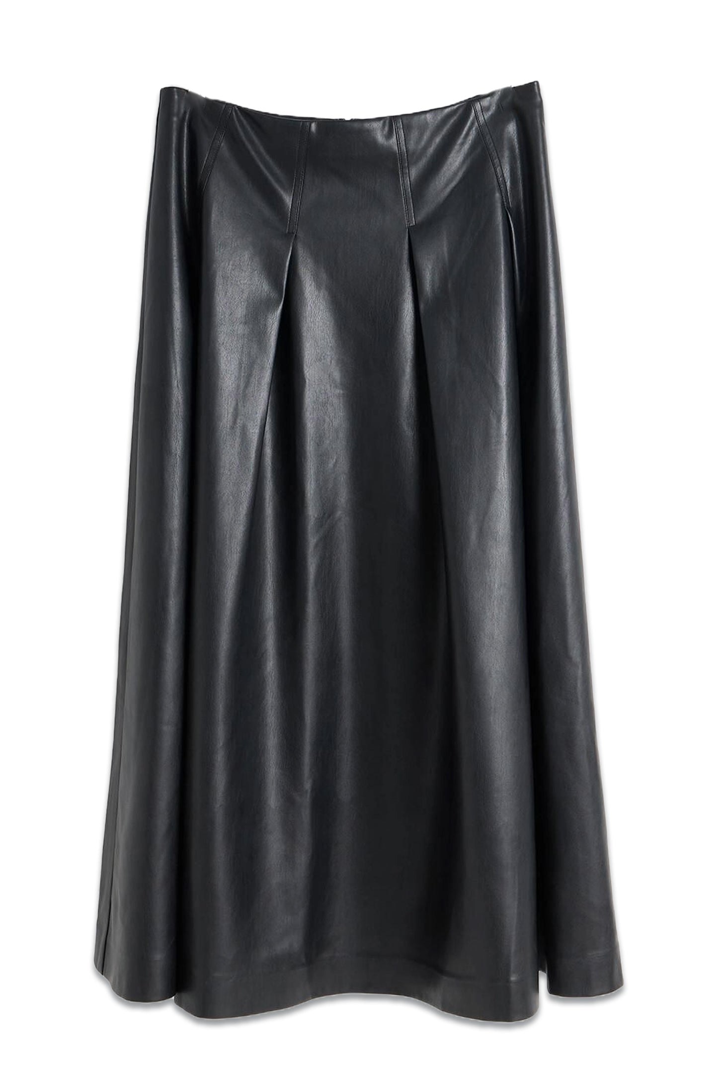 Black Faux Leather Pleated Midi Skirt