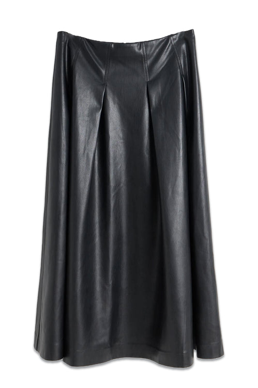 Black Faux Leather Pleated Midi Skirt