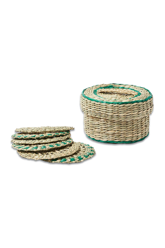 Green Seagrass Coasters & Basket Set of Six