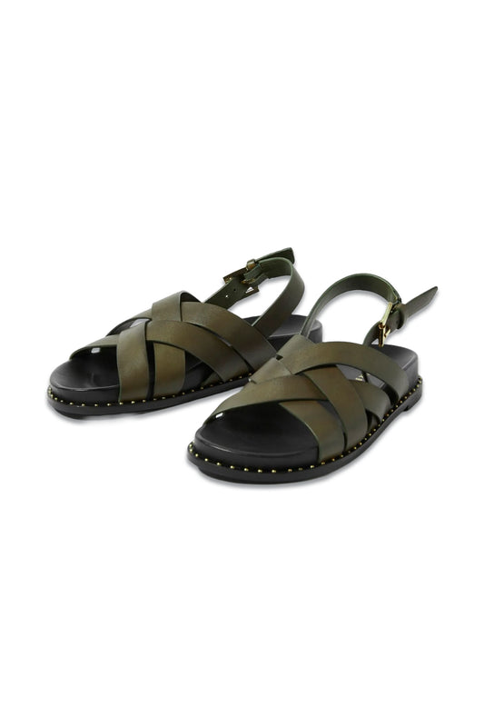 Cross Over Weave Studded Green Leather Sandals