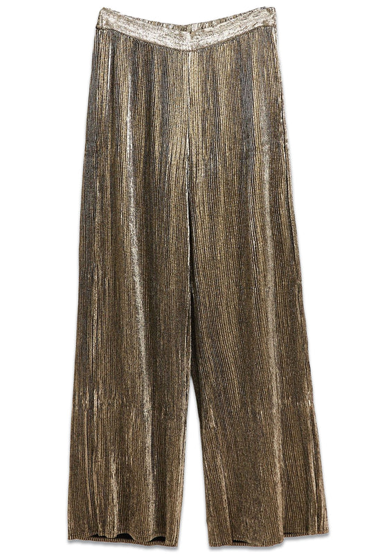 Gold Shimmer Plisse Wide Leg Trouser